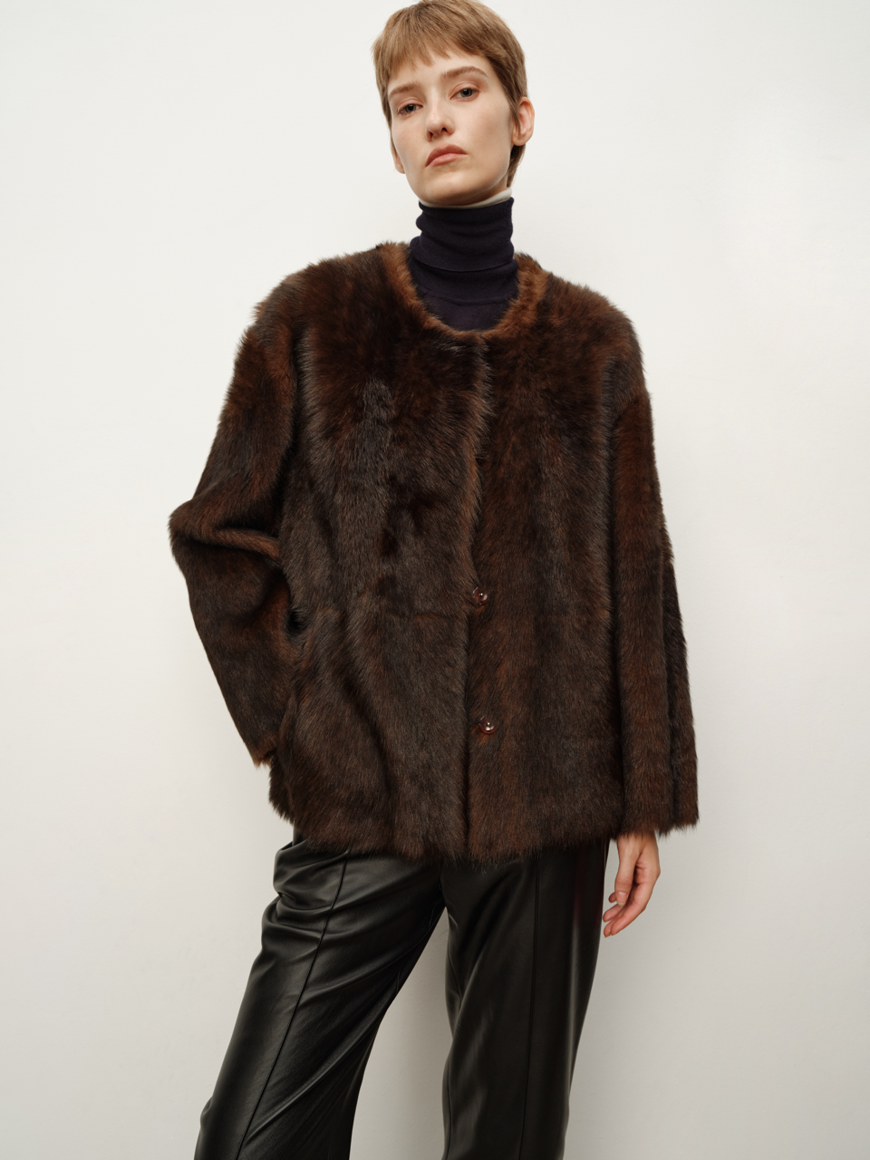 Two-Tone Hand-Dyed Distressed Gradient Ebony Brown Round Neck Oversized Shearling Coat, Fur Jacket