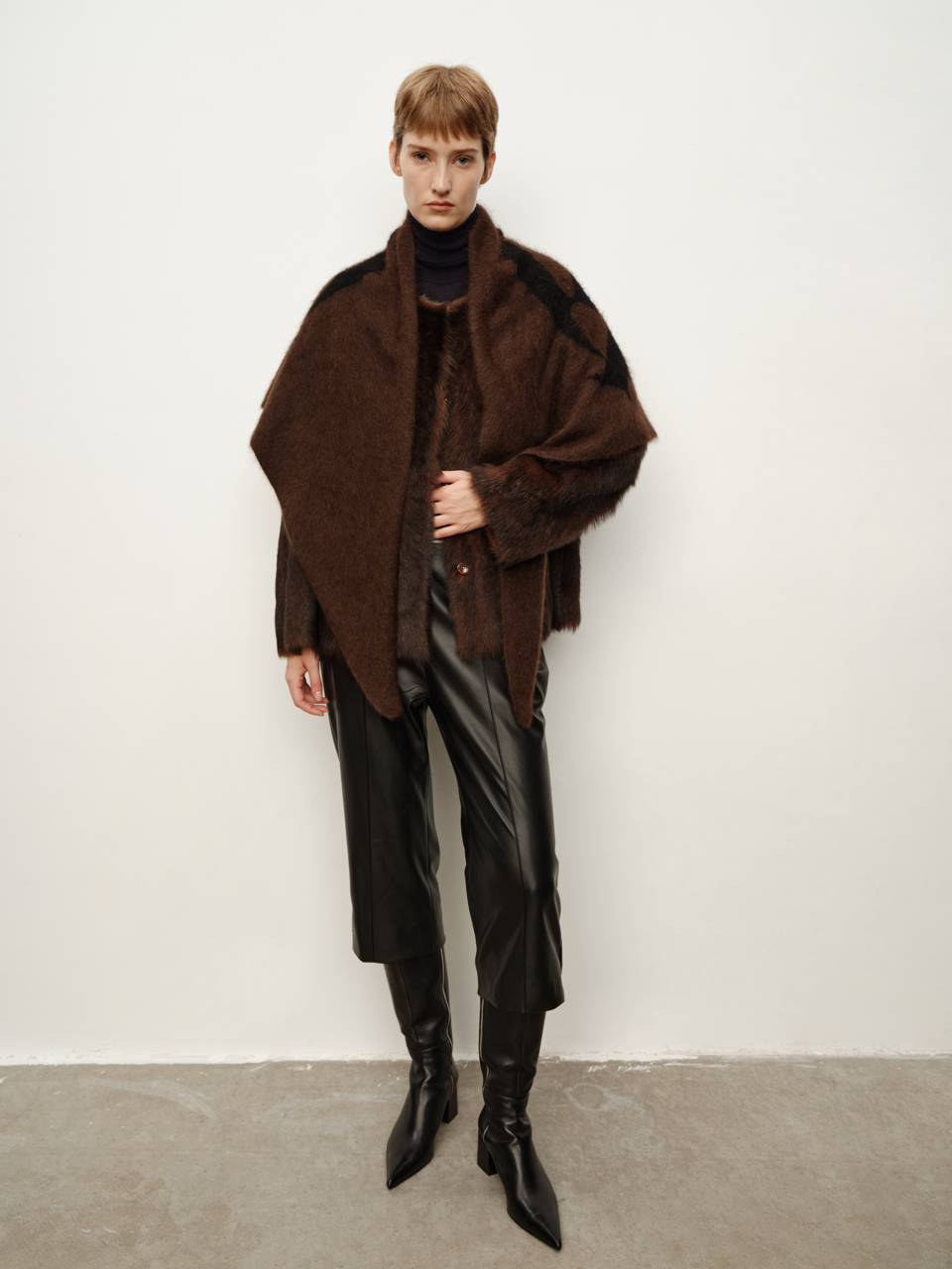 Two-Tone Hand-Dyed Distressed Gradient Ebony Brown Round Neck Oversized Shearling Coat, Fur Jacket