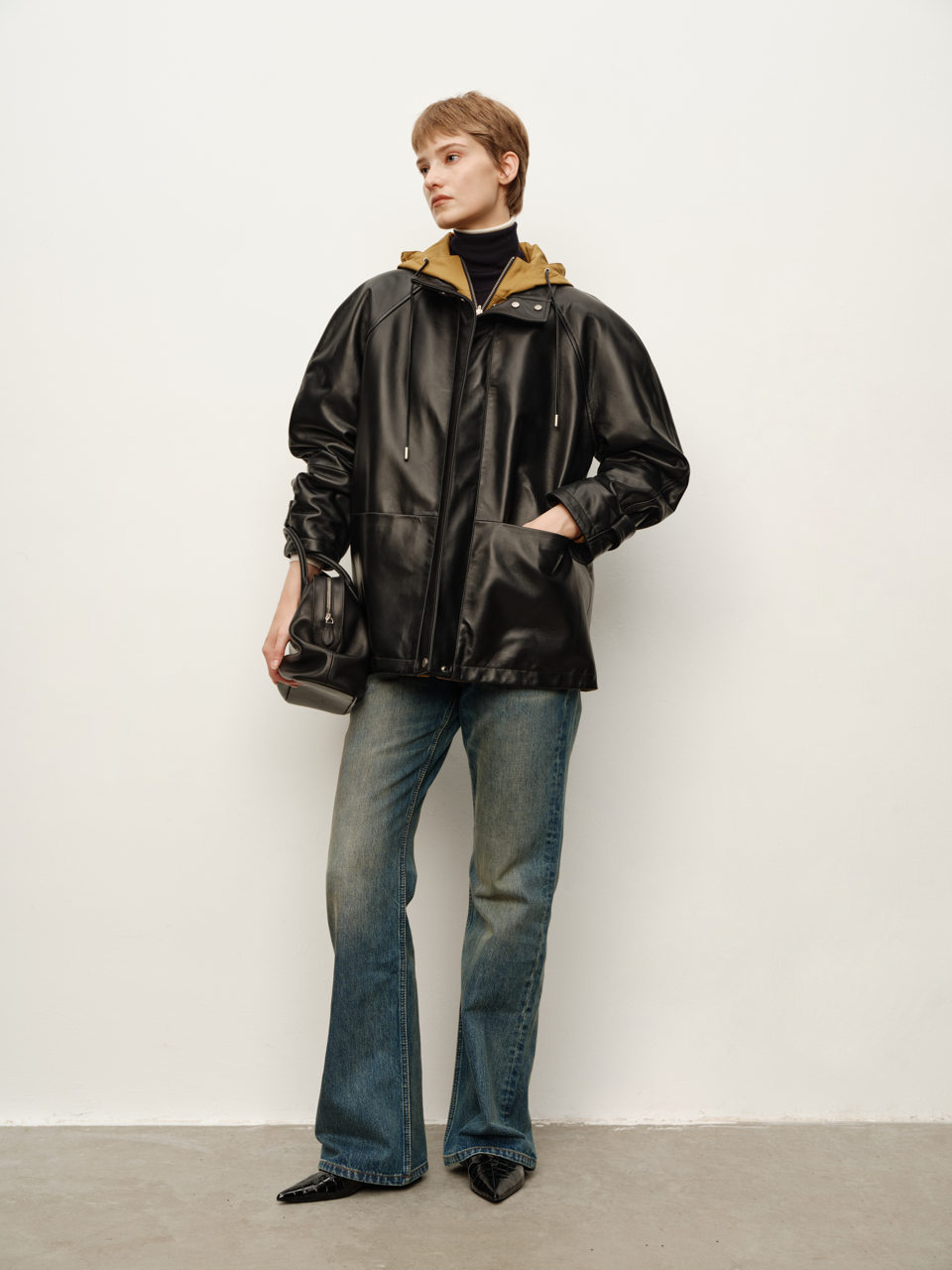 Spanish Lambskin Hooded Patchwork Faux Two-Piece Hooded Bomber Jacket Leather Coat