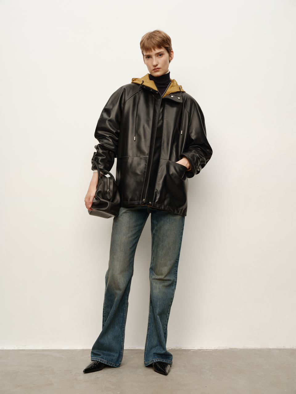 Spanish Lambskin Hooded Patchwork Faux Two-Piece Hooded Bomber Jacket Leather Coat