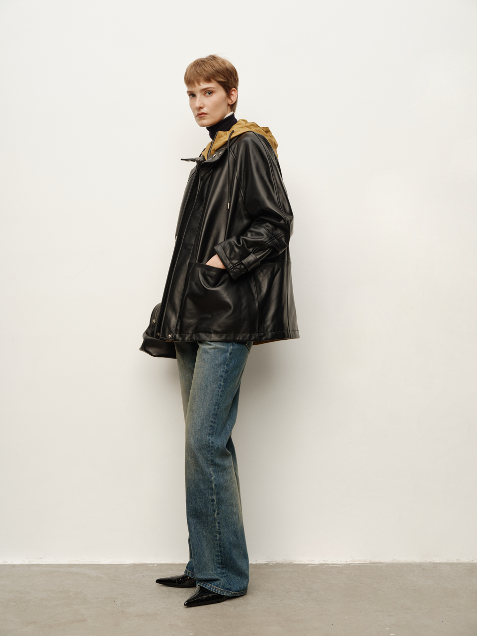 Spanish Lambskin Hooded Patchwork Faux Two-Piece Hooded Bomber Jacket Leather Coat