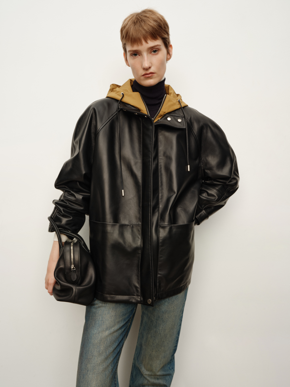 西班牙小羊皮连帽拼接假两件连帽飞行员大衣皮衣外套