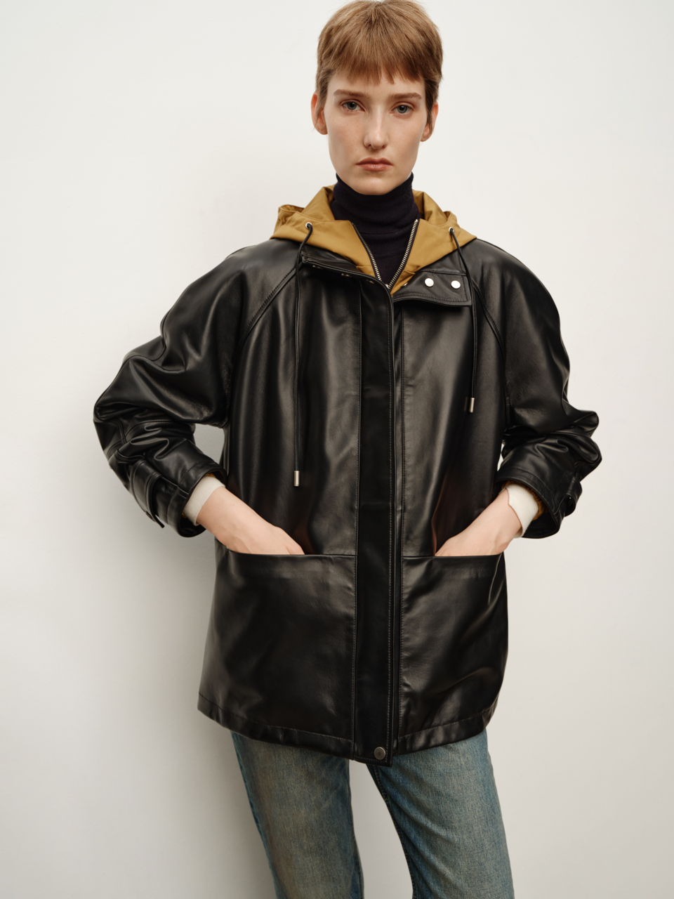 Spanish Lambskin Hooded Patchwork Faux Two-Piece Hooded Bomber Jacket Leather Coat