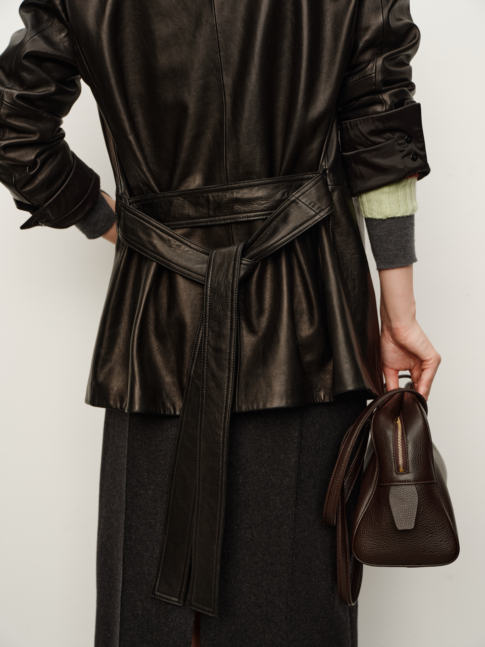 High Classic V-Neck Elegant Sheepskin Blazer with Slimming Belt, Genuine Leather Trench Coat