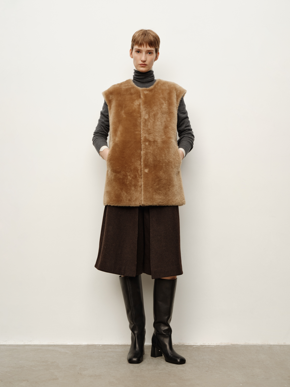 Merino Wool Wide-Shoulder Oversized Minimalist Fur Vest, Shearling Coat
