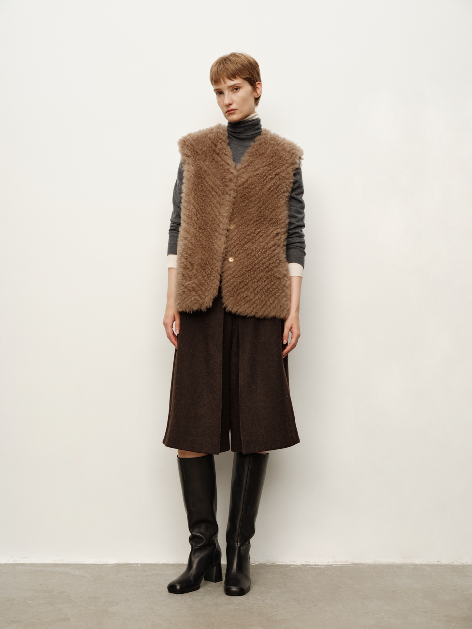 Spanish Fine Lamb Fur Shearling Wide-Shoulder Vest in Mocha Grey Fur Waistcoat