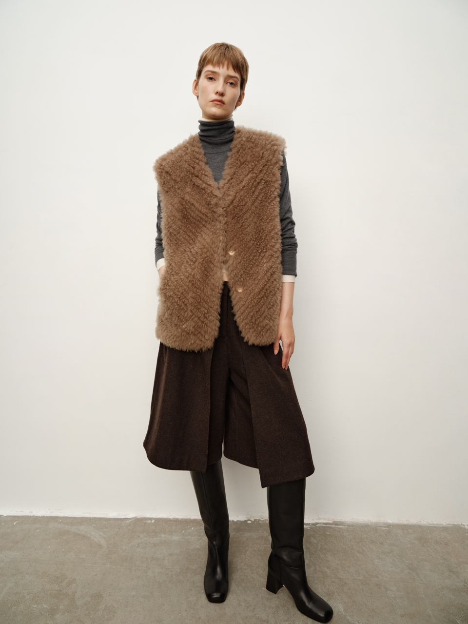 Spanish Fine Lamb Fur Shearling Wide-Shoulder Vest in Mocha Grey Fur Waistcoat