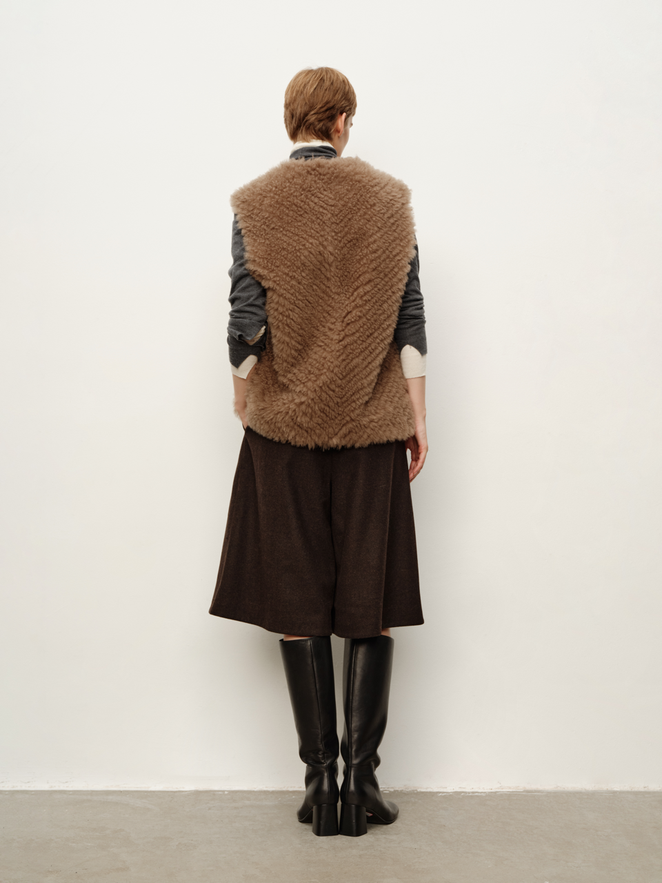 Spanish Fine Lamb Fur Shearling Wide-Shoulder Vest in Mocha Grey Fur Waistcoat