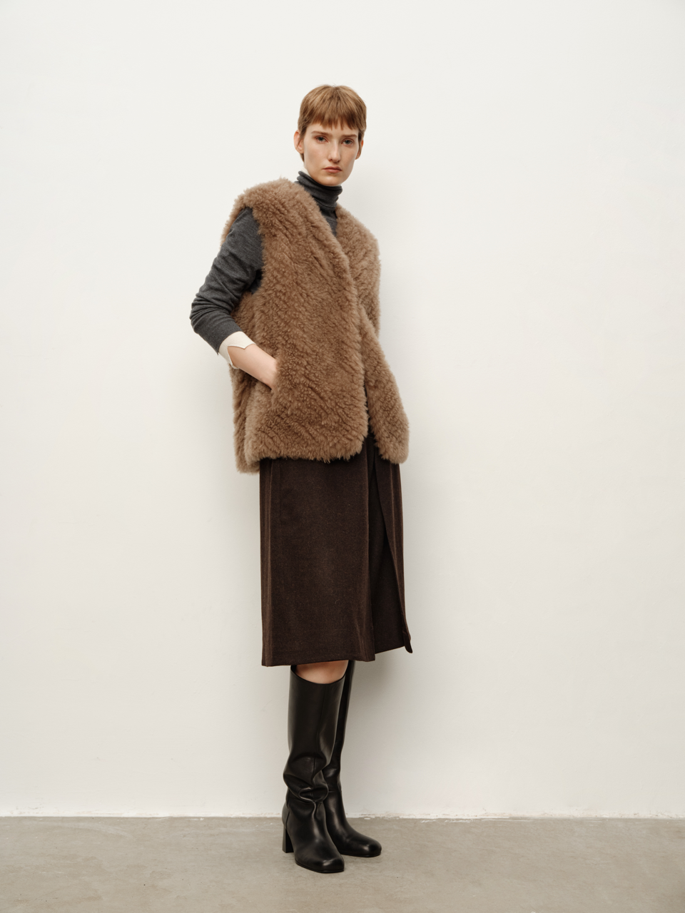 Spanish Fine Lamb Fur Shearling Wide-Shoulder Vest in Mocha Grey Fur Waistcoat
