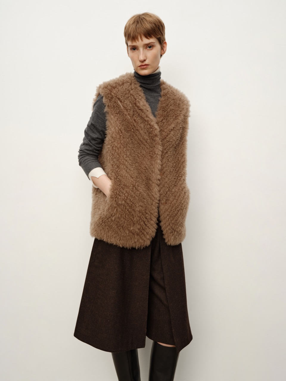 Spanish Fine Lamb Fur Shearling Wide-Shoulder Vest in Mocha Grey Fur Waistcoat