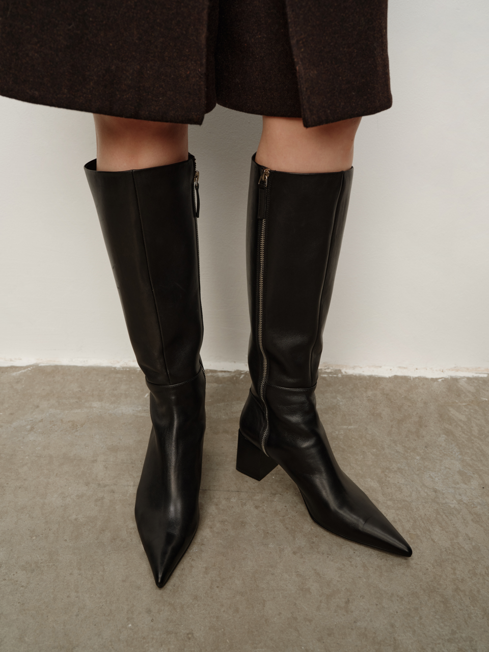 Full-Grain Leather Designer Chunky Heel Pointed-Toe Slimming Knee-High Boots