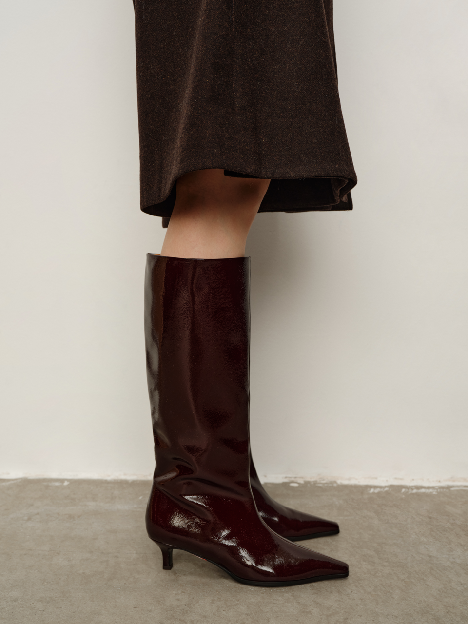 Distressed Patent Leather Pointed-Toe Kitten-Heel Riding Boots