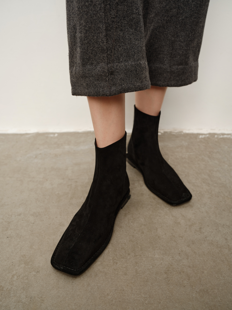 Suede Goatskin Square-Toe Hidden Wedge Ankle Boots, Fashion Velvety Short-Cuff Boots