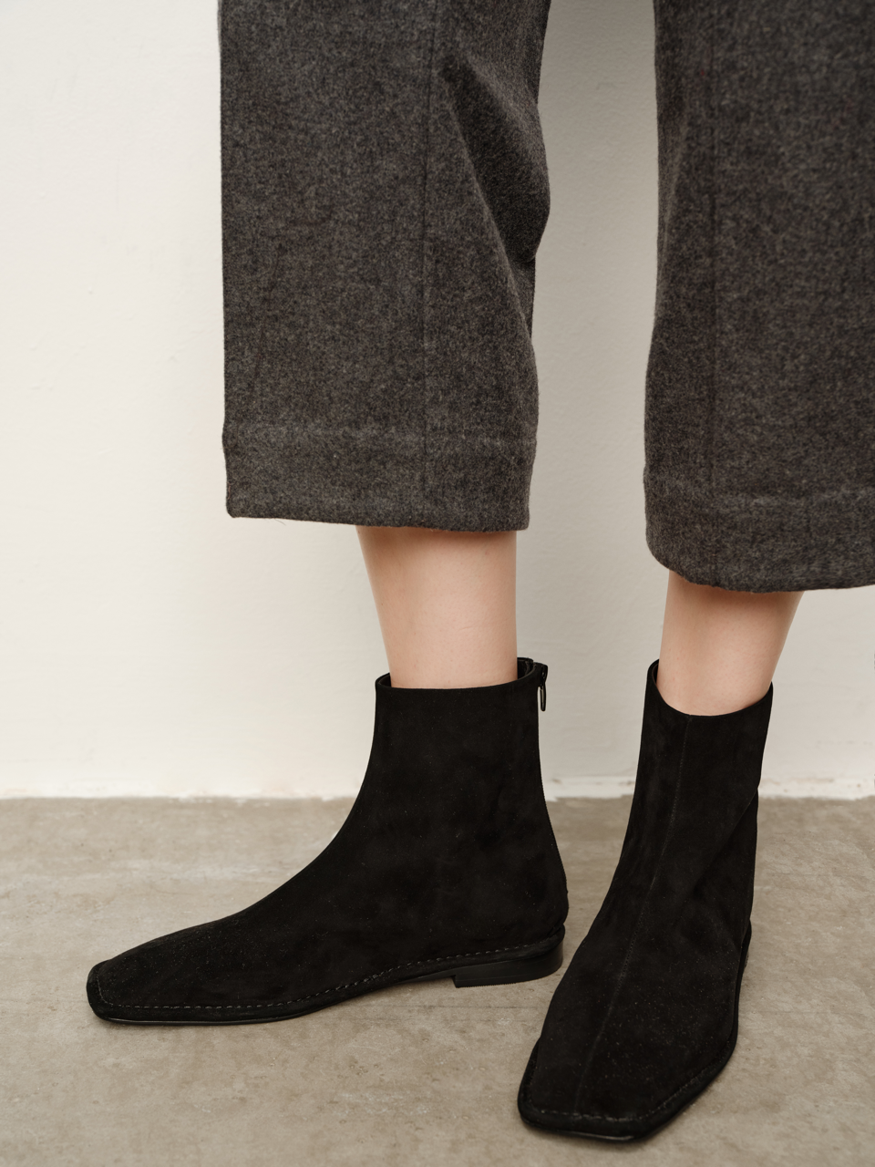 Suede Goatskin Square-Toe Hidden Wedge Ankle Boots, Fashion Velvety Short-Cuff Boots