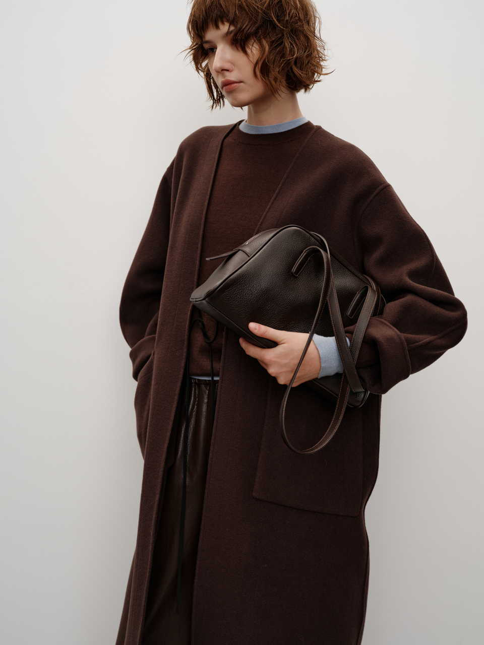 Runway Edition City Boston Series Imported Spanish Lychee Leather Long Strap Minimalist Shoulder Bag