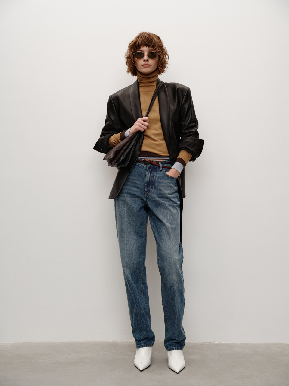 High Classic V-Neck Elegant Sheepskin Blazer with Slimming Belt, Genuine Leather Trench Coat