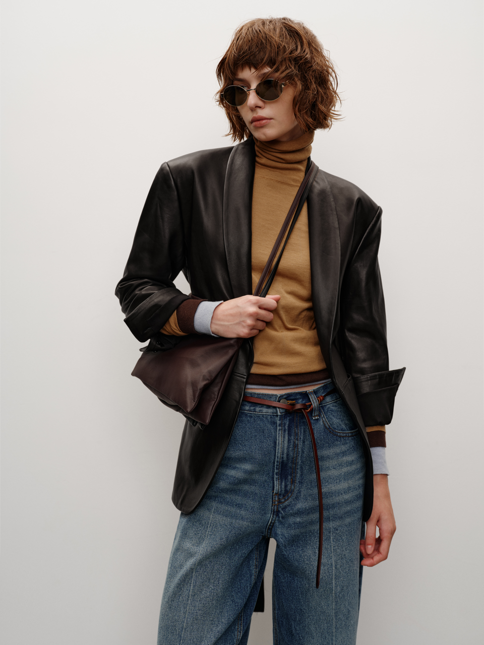 High Classic V-Neck Elegant Sheepskin Blazer with Slimming Belt, Genuine Leather Trench Coat