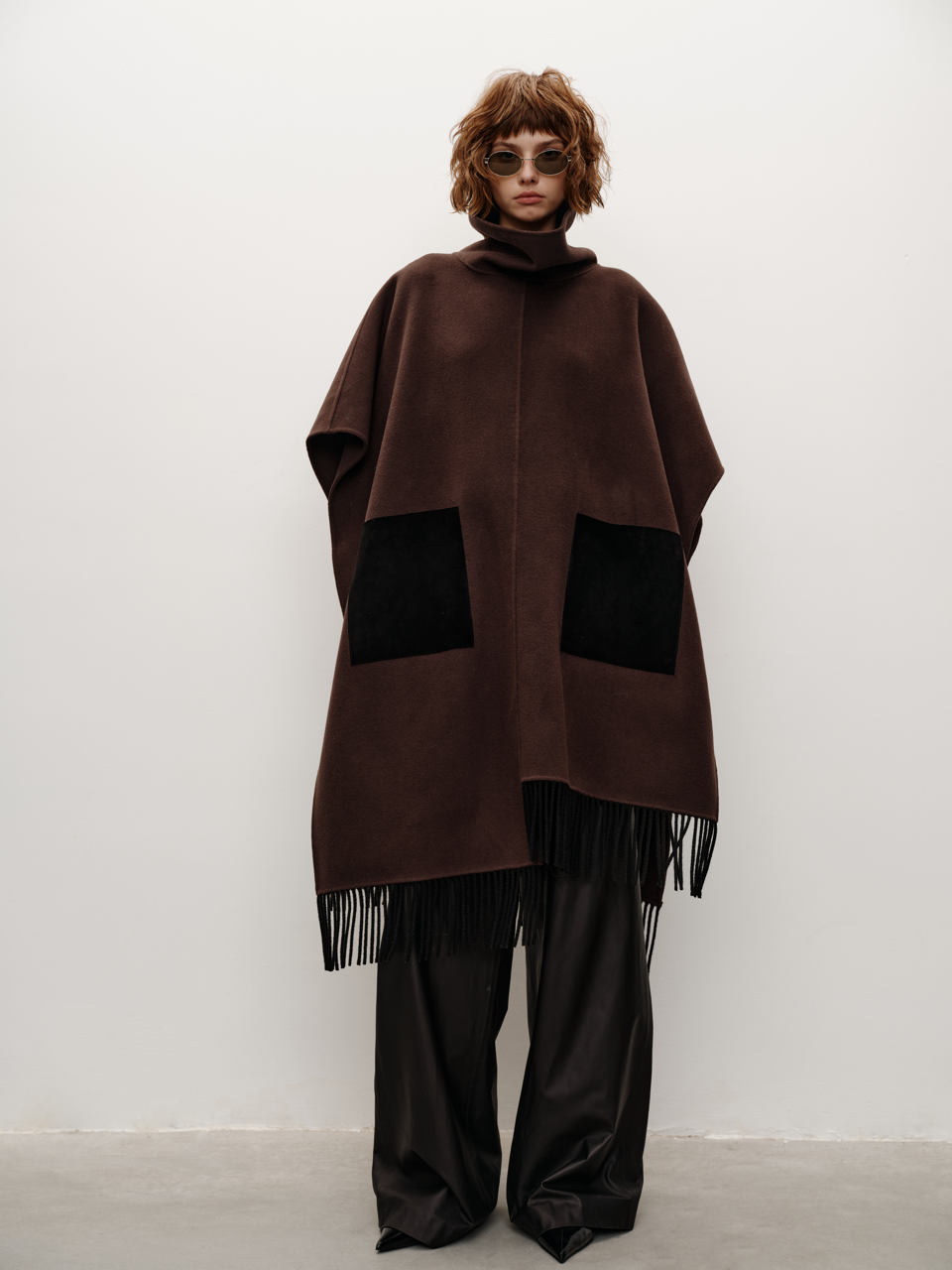 Runway Edition Cashmere Stand Collar Suede Tassel Patchwork Oversized Sleeveless Cape Coat