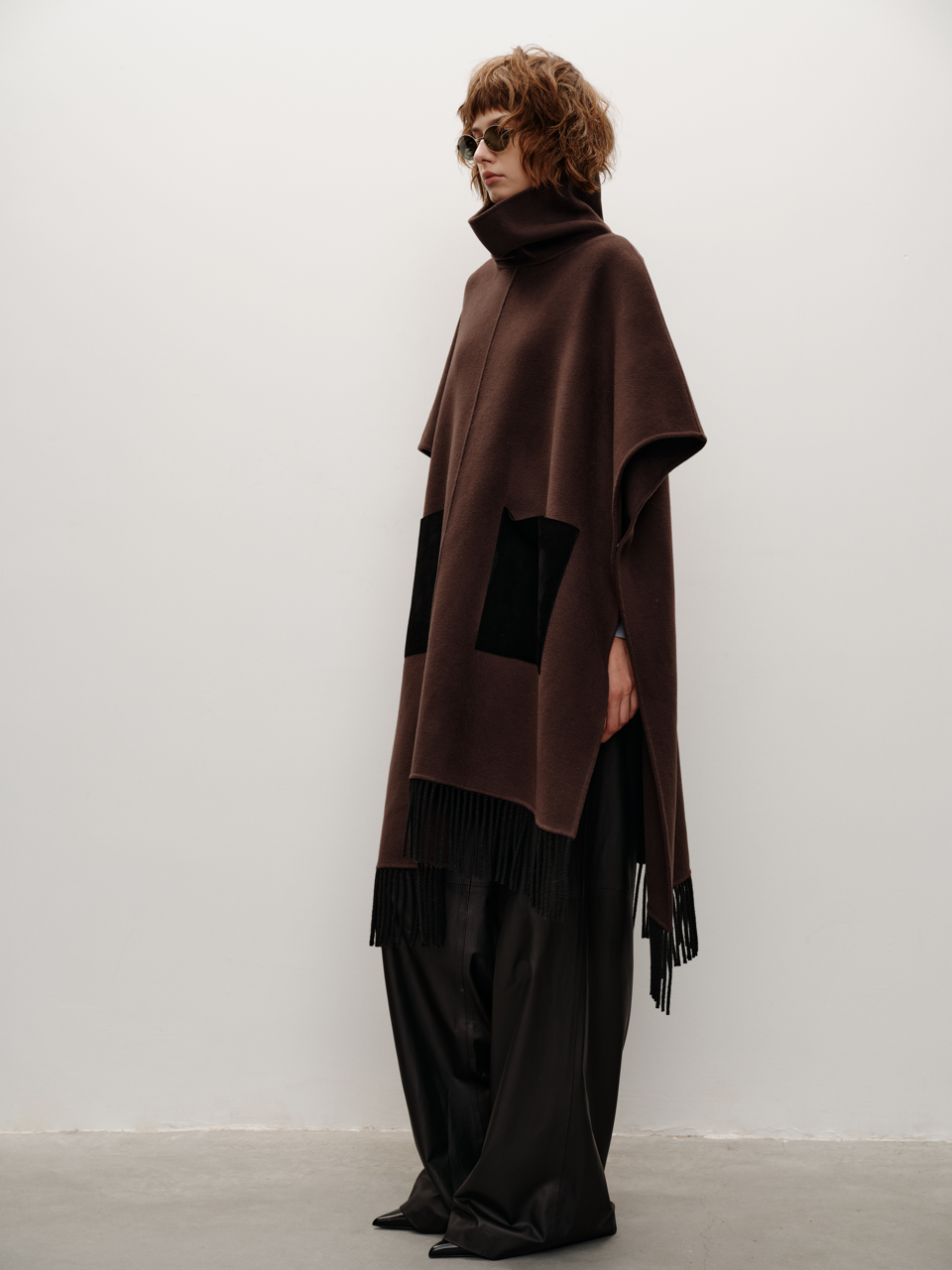 Runway Edition Cashmere Stand Collar Suede Tassel Patchwork Oversized Sleeveless Cape Coat
