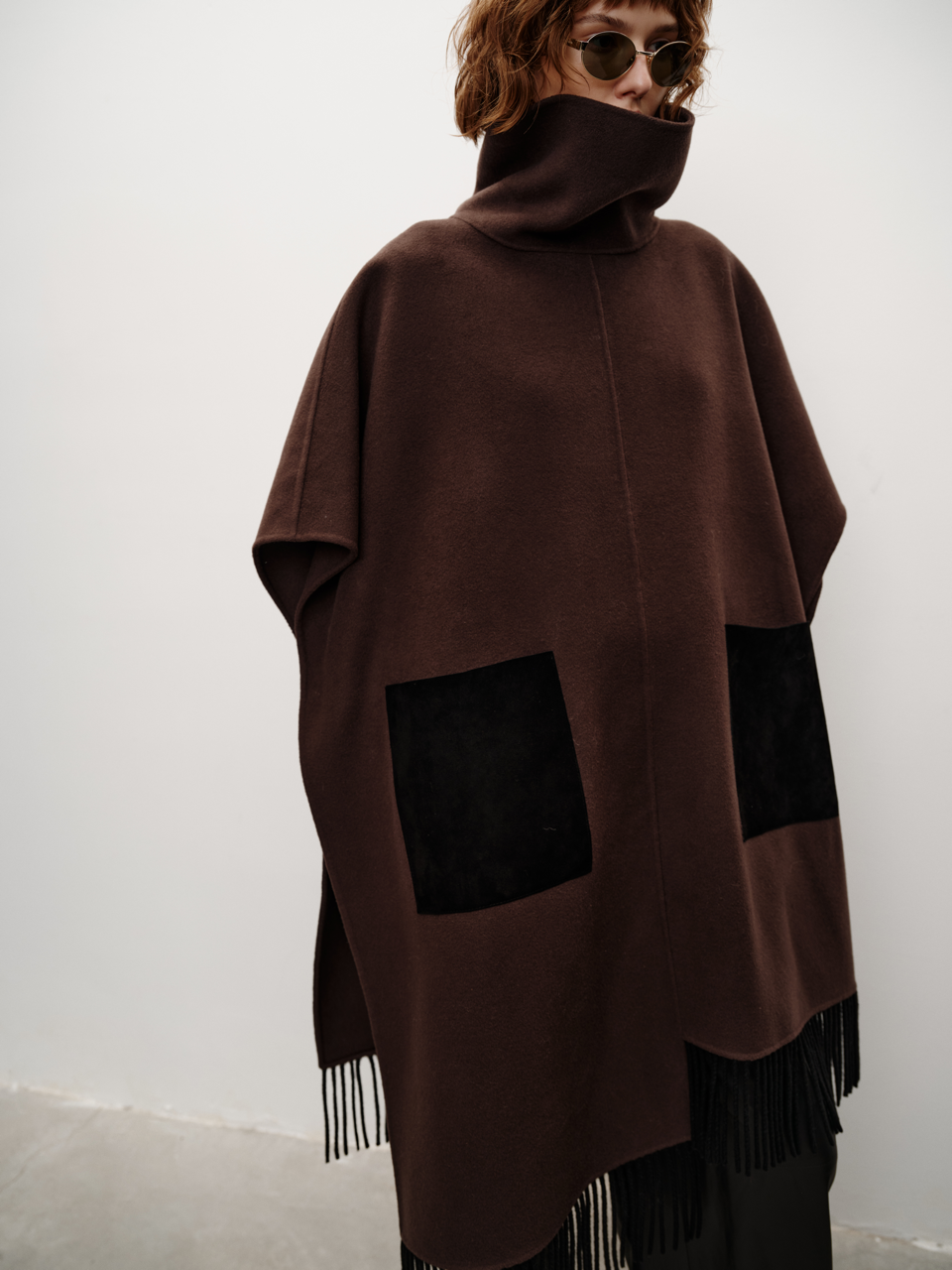 Runway Edition Cashmere Stand Collar Suede Tassel Patchwork Oversized Sleeveless Cape Coat