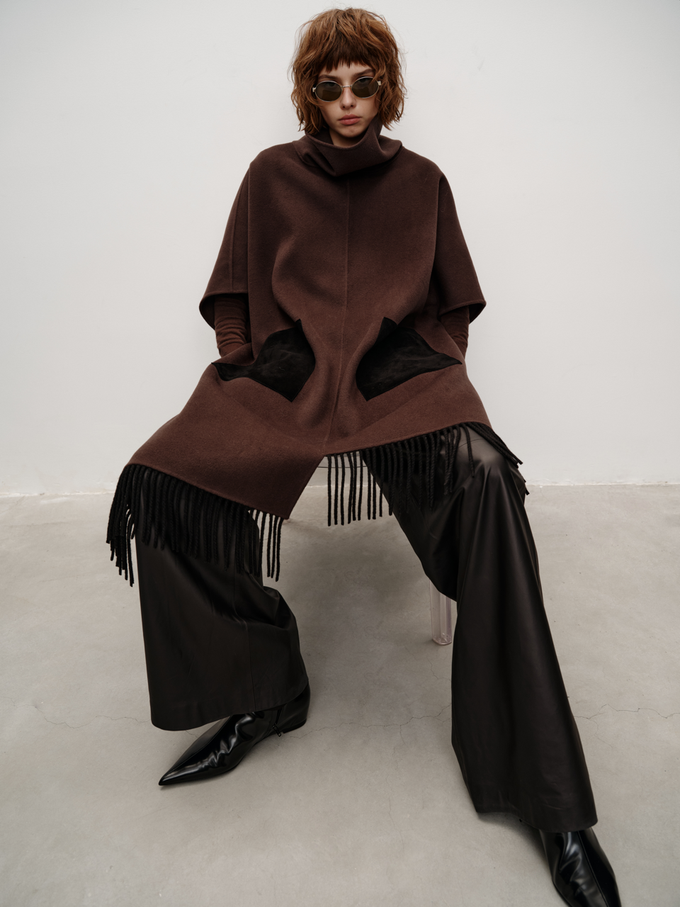 Runway Edition Cashmere Stand Collar Suede Tassel Patchwork Oversized Sleeveless Cape Coat