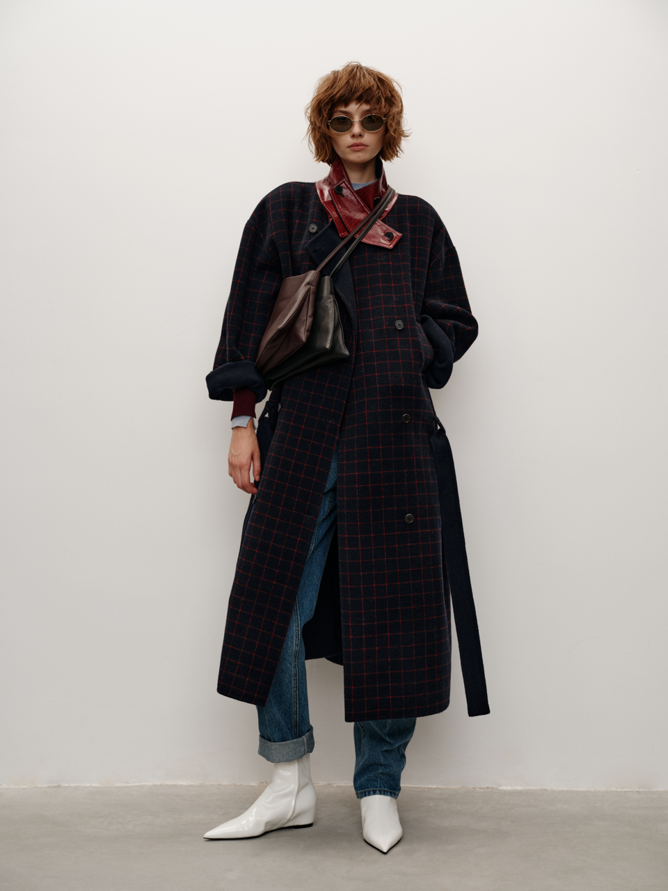 Runway Edition Wool Plaid Color-Blocked Leather & Wool Coat with Removable Belt and Thickened Overcoat