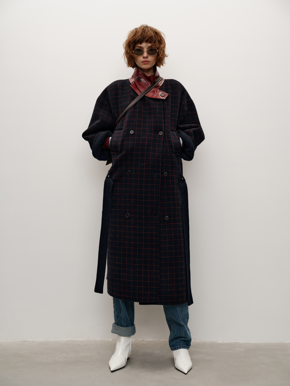 Runway Edition Wool Plaid Color-Blocked Leather & Wool Coat with Removable Belt and Thickened Overcoat