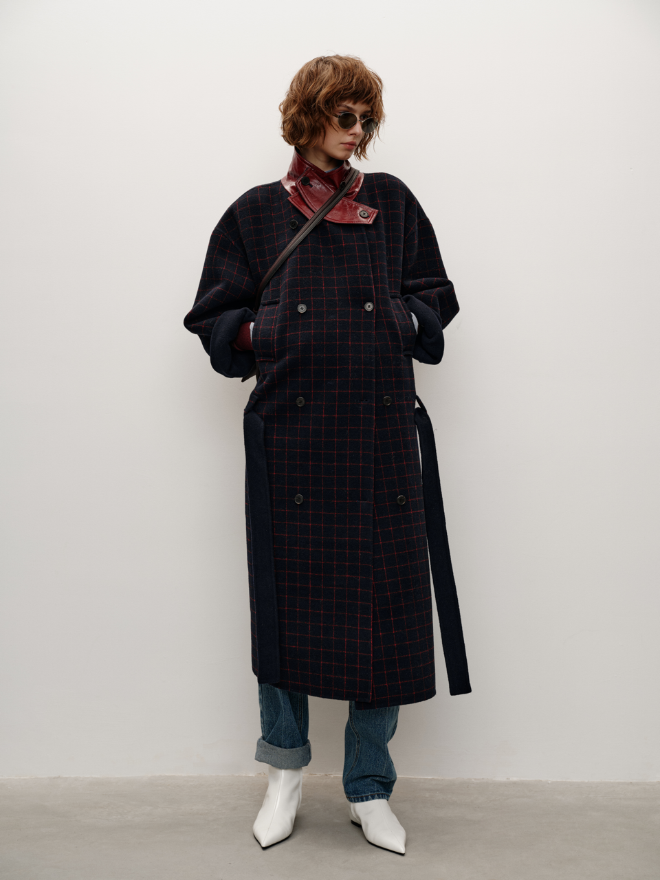Runway Edition Wool Plaid Color-Blocked Leather & Wool Coat with Removable Belt and Thickened Overcoat