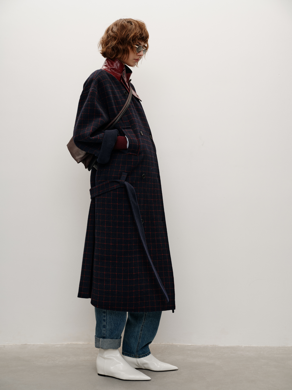 Runway Edition Wool Plaid Color-Blocked Leather & Wool Coat with Removable Belt and Thickened Overcoat