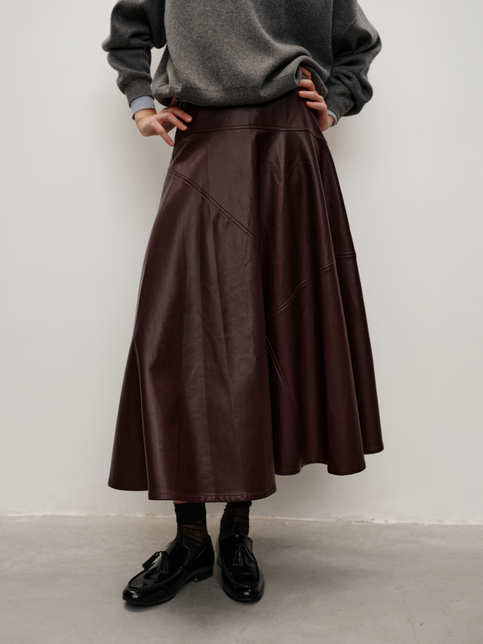 Sustainable Eco Leather with Asymmetric Paneled Midi A Line Skirt