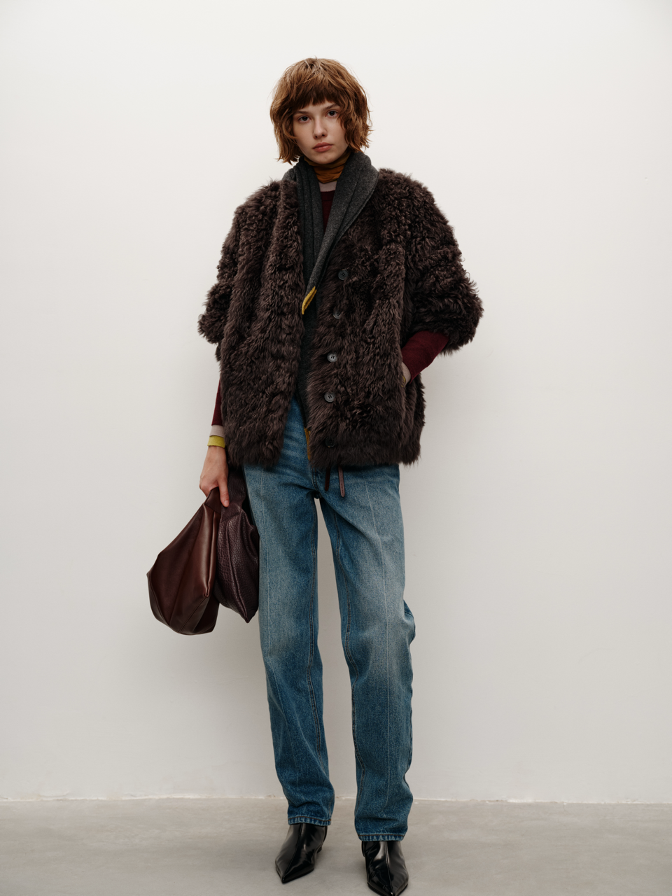 Runway Edition Spanish Lamb Fur Curly V-Neck Shearling Coat