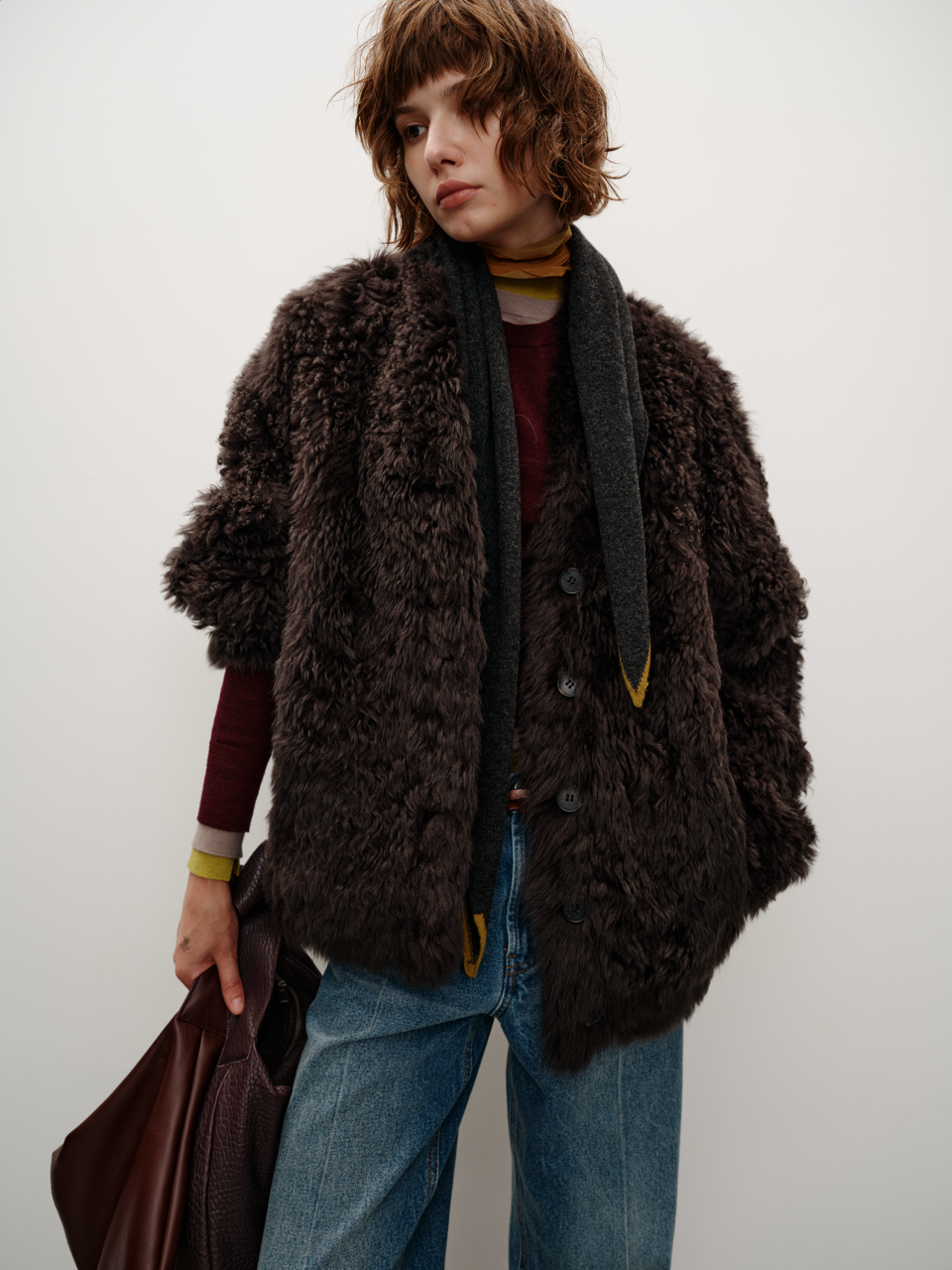Runway Edition Spanish Lamb Fur Curly V-Neck Shearling Coat