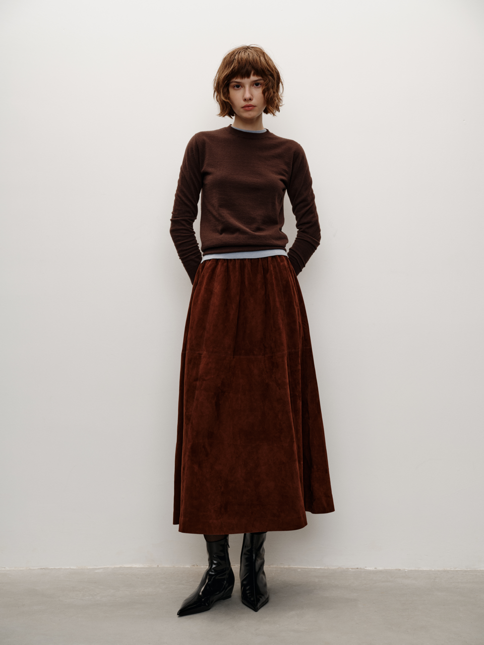 Runway Edition Spanish Lamb Suede Elastic Waist Umbrella-Shaped Midi Skirt