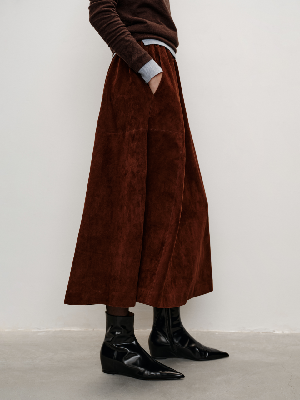 Runway Edition Spanish Lamb Suede Elastic Waist Umbrella-Shaped Midi Skirt