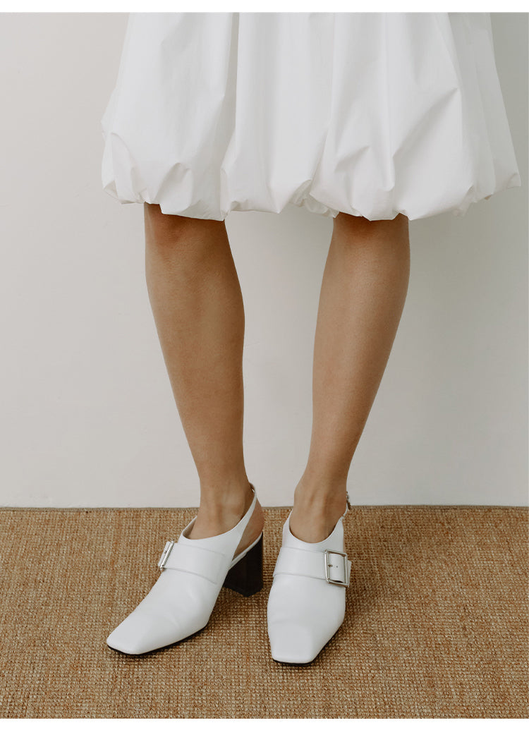 牛皮尖方头粗跟鞋