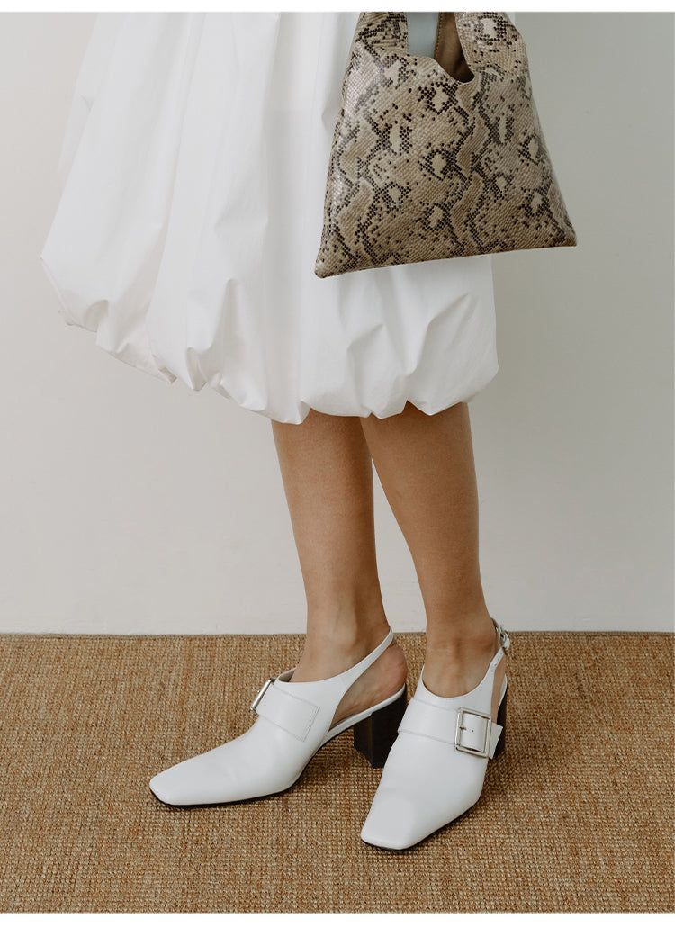 牛皮尖方头粗跟鞋