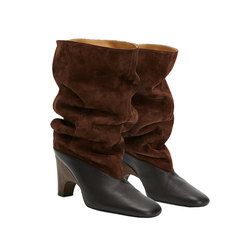 Sheepskin & Suede Patchwork Sculptural-Heel Tall Boots