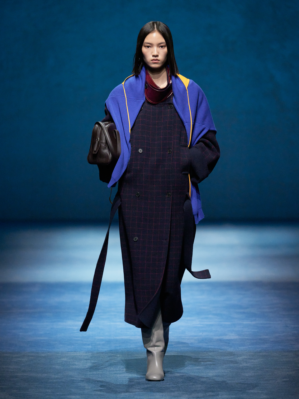 Runway Edition Wool Plaid Color-Blocked Leather & Wool Coat with Removable Belt and Thickened Overcoat