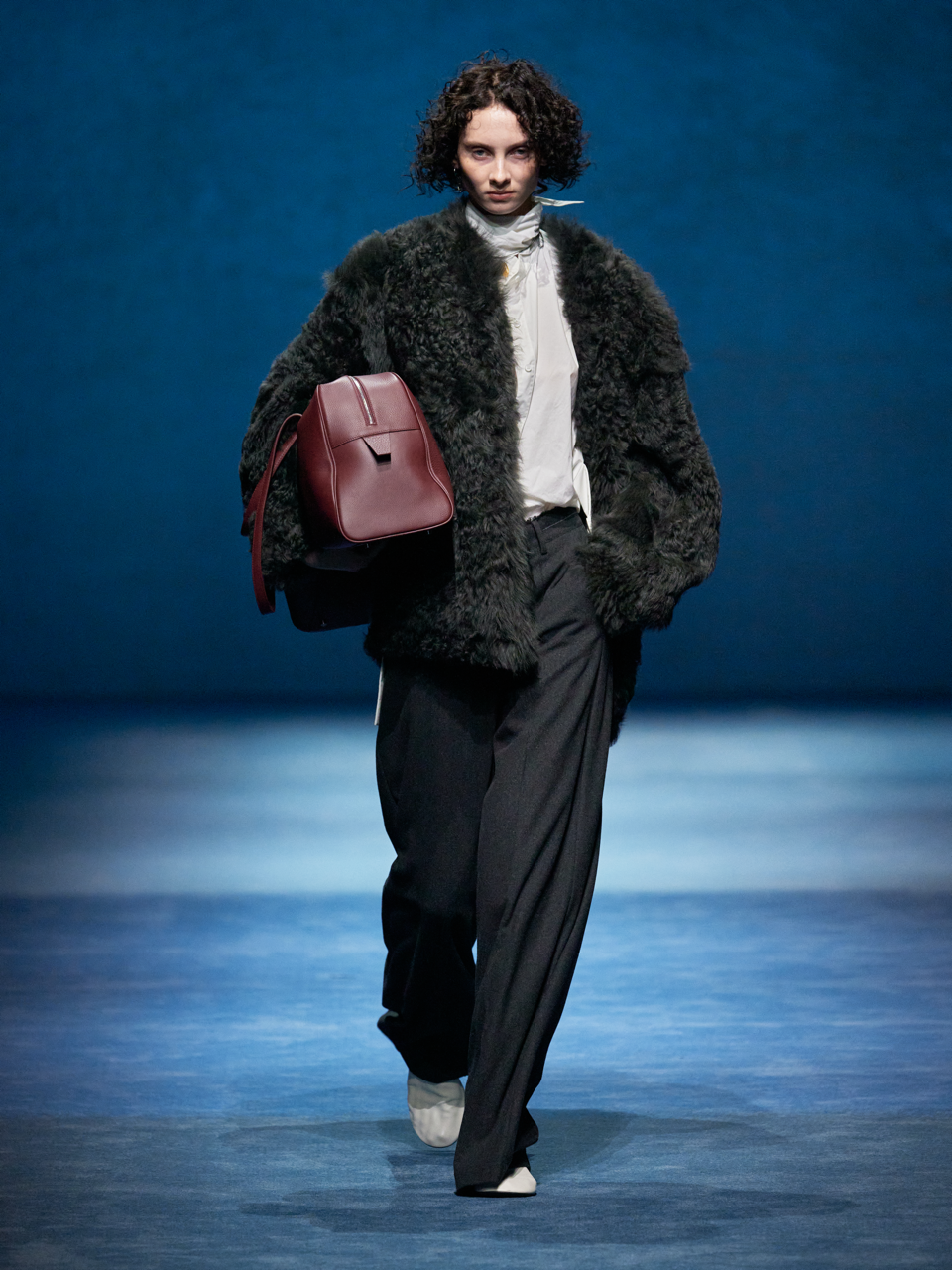 Runway Edition Spanish Lamb Fur Curly V-Neck Shearling Coat