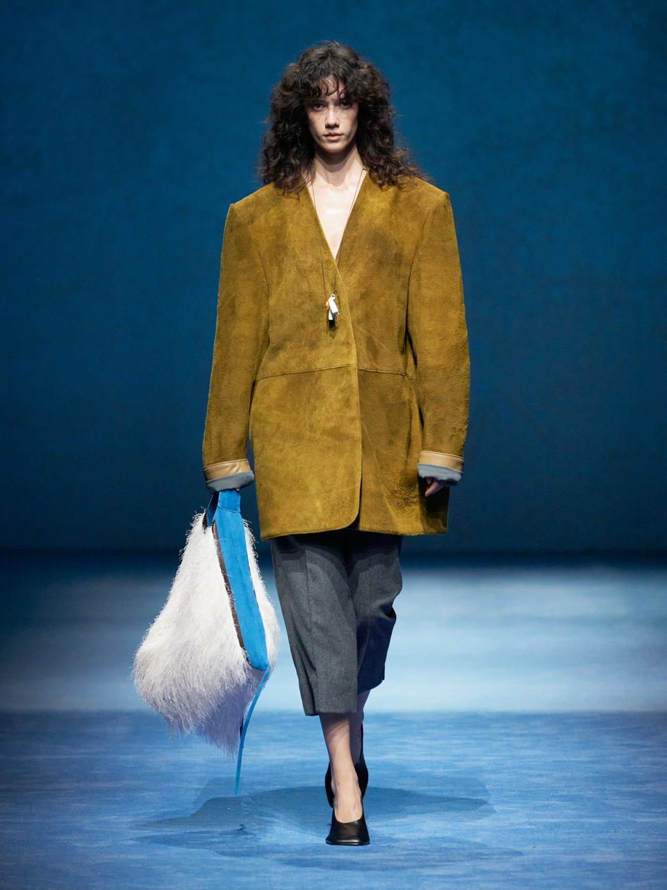 Olive Ginger Green V-Neck Oversized Blazer with Shoulder Pads