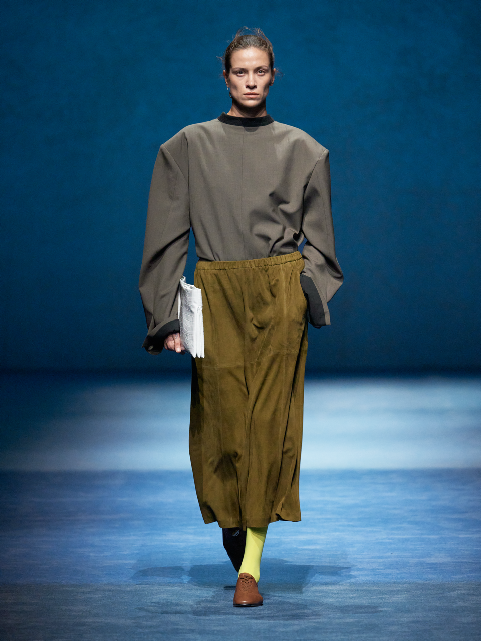 Runway Edition Spanish Lamb Suede Elastic Waist Umbrella-Shaped Midi Skirt